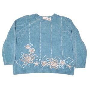 Turquoise Chenille Floral Embroidered Sequin Sweater Womens Size L‎ Boxy